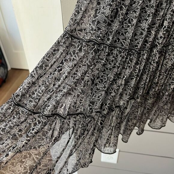 Sophie Max black/white geometric floral print mesh tiered v neck dress sz M EUC‎ - Picture 3 of 8